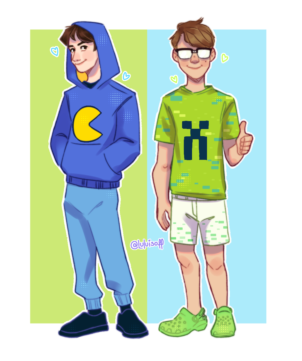 A drawing of Tazercraft showing off their outfits. They are dressed in the same clothes as their minecraft skins. Pac is standing relaxed with his hands in his pockets while Mike stands more rigid holding a thumbs up.